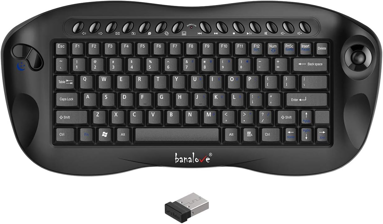 Banalove 2.4GHz Wireless Mini Portable Keyboard with Built-in Trackball Mouse Combo, HTPC/Smart TV Multimedia Keyboard (Black)