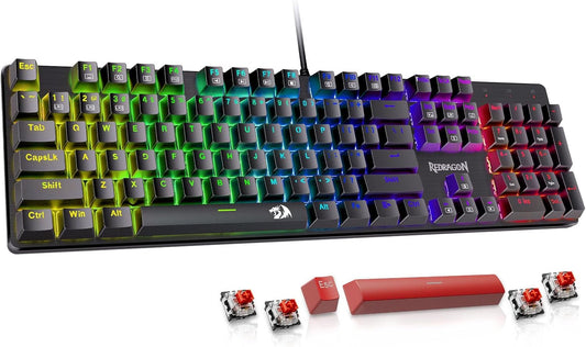Gaming Keyboard Wired, 11 Programmable Backlit Modes, Hot-Swappable Red Switch, Anti-Ghosting, Double-Shot PBT Keycaps, Light Up Keyboard for PC Mac